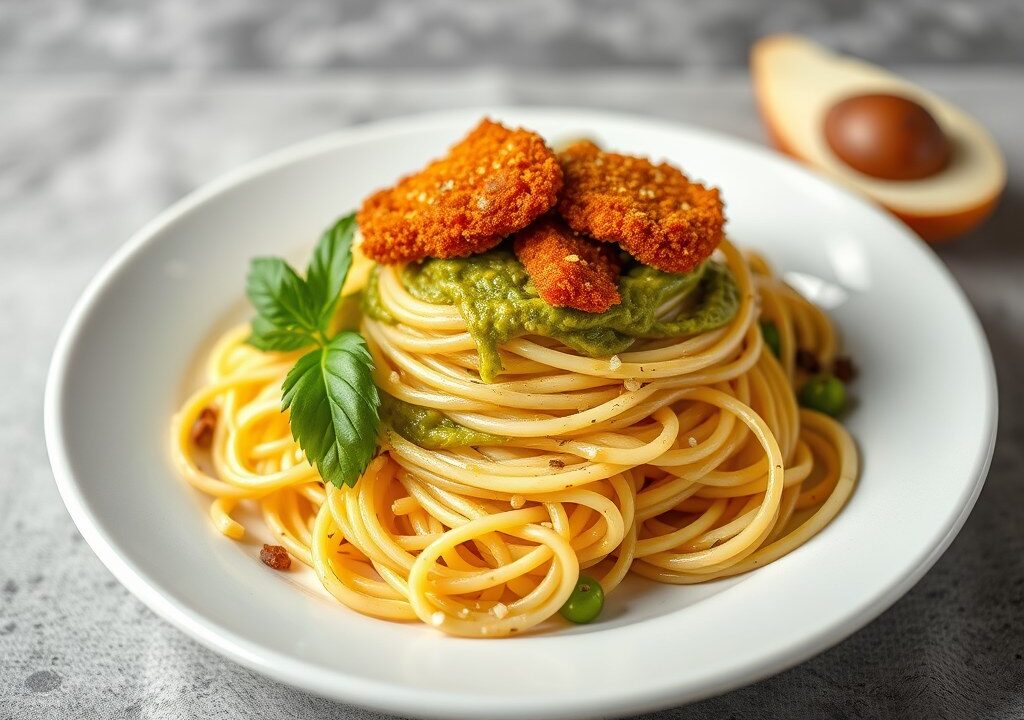 Spaghetti met Saus van Groene Olijven en Gebakken Broodkruim — AI-gegenereerde illustratie