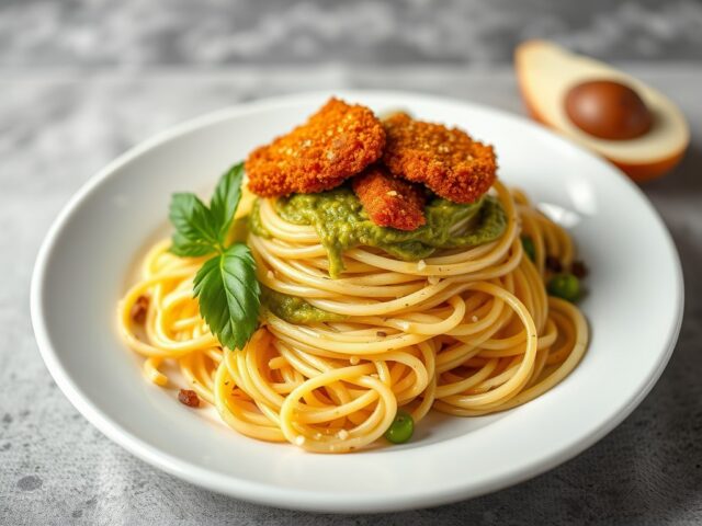 Spaghetti met Saus van Groene Olijven en Gebakken Broodkruim — AI-gegenereerde illustratie