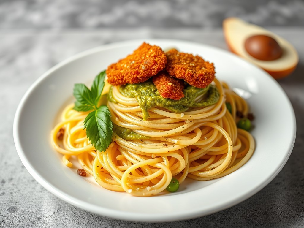 Spaghetti met Saus van Groene Olijven en Gebakken Broodkruim, AI-gegenereerde illustratie