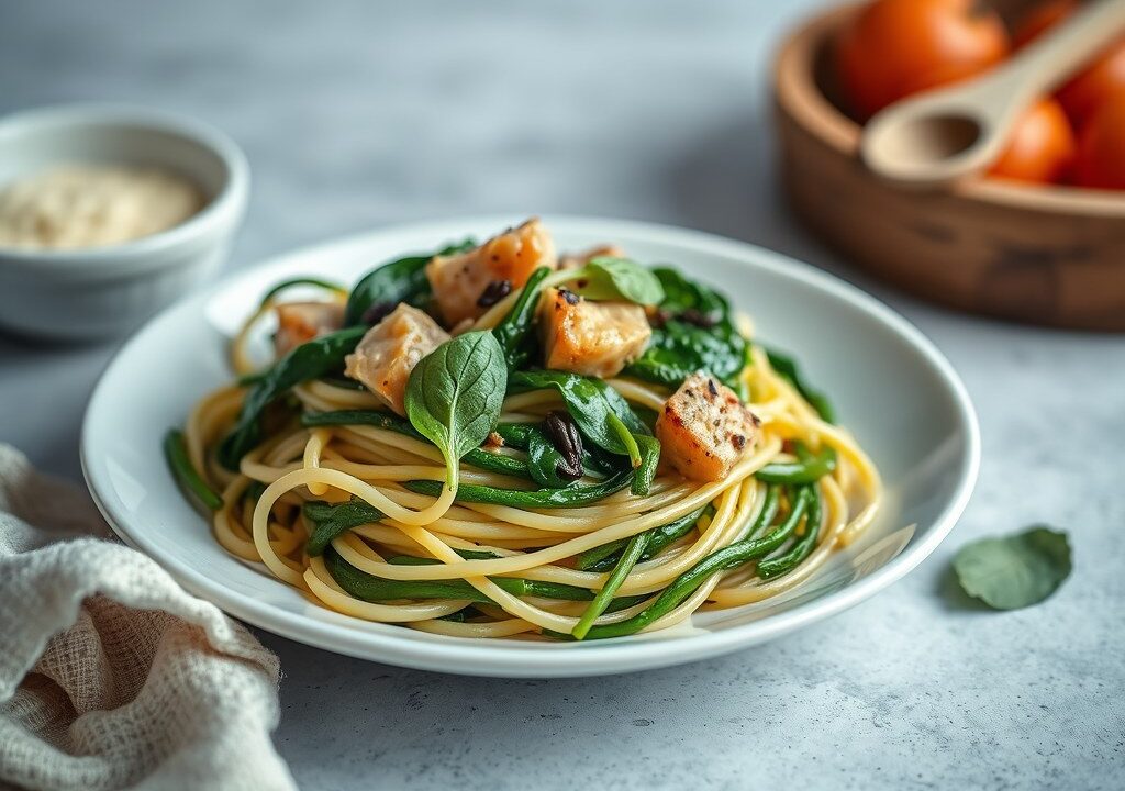 Spaghetti met spinazie, AI-gegenereerde illustratie