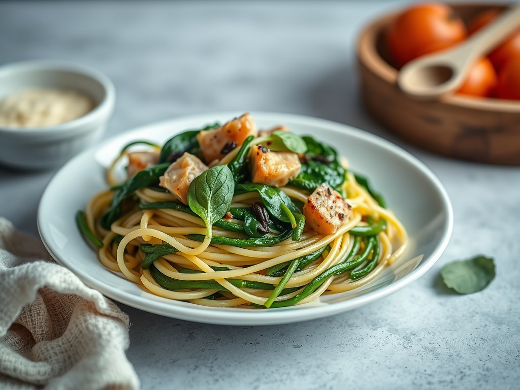 Spaghetti met spinazie, AI-gegenereerde illustratie