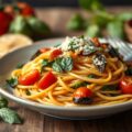 Spaghetti met spinazie, aubergines, tomaten en kappertjes