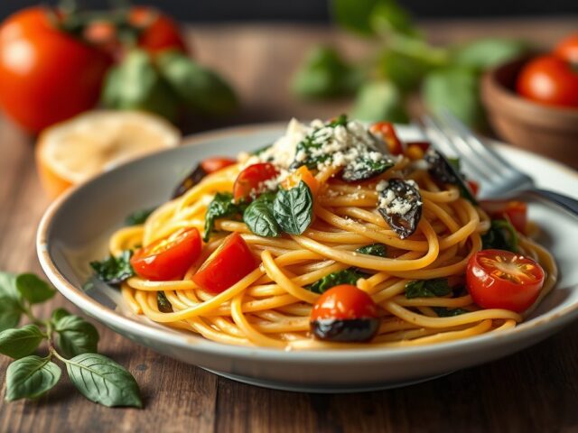 Spaghetti met spinazie, aubergines, tomaten en kappertjes — AI-gegenereerde illustratie