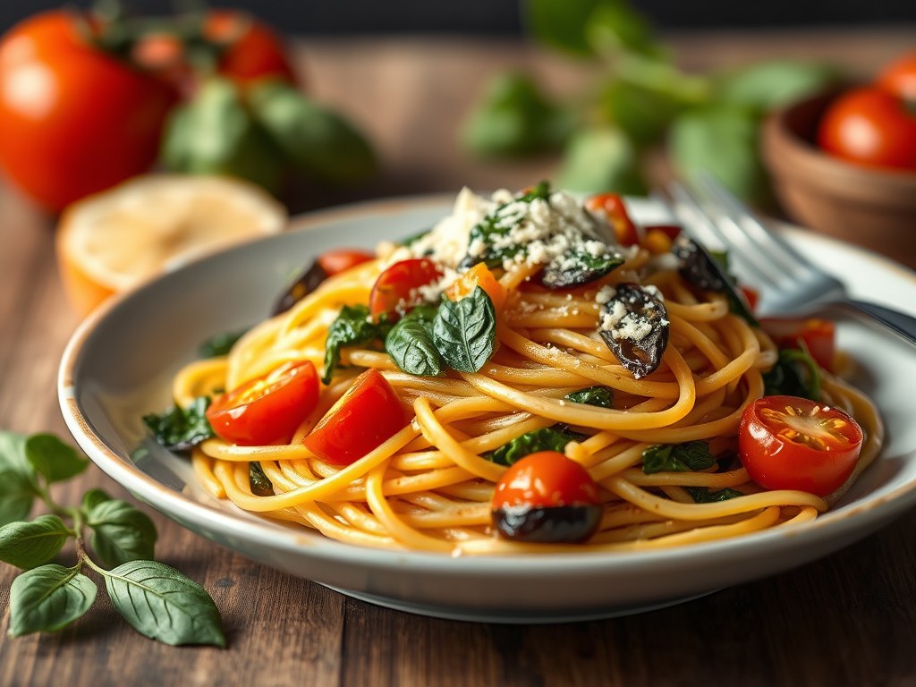 Spaghetti met spinazie, aubergines, tomaten en kappertjes, AI-gegenereerde illustratie