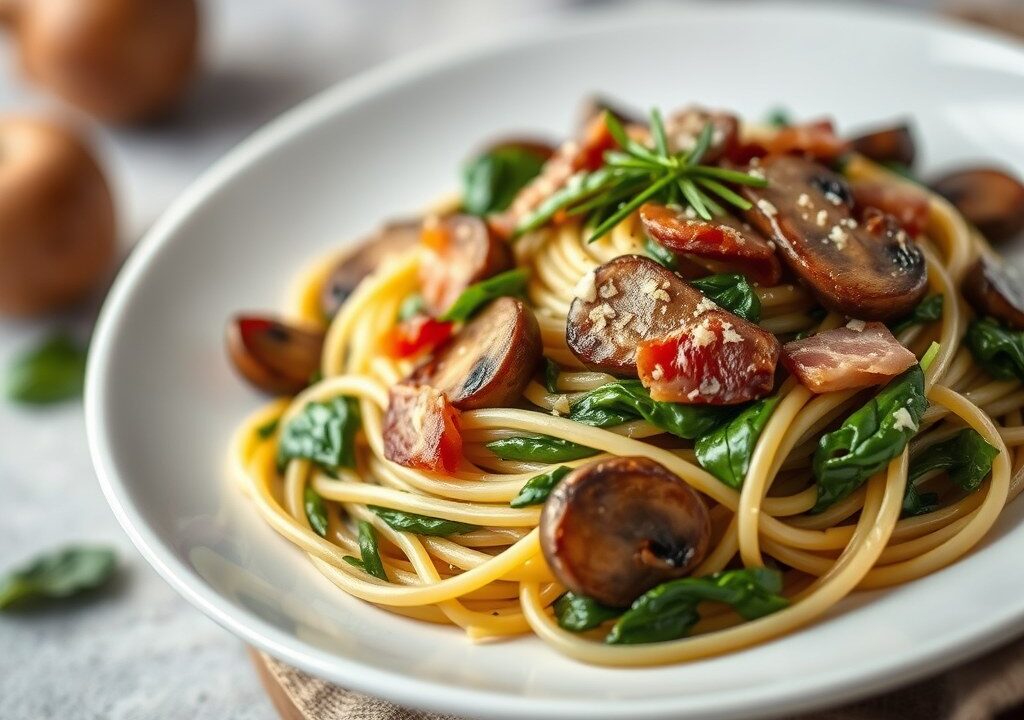 Spaghetti met spinazie, champignons, spekjes en kruidenkaas — AI-gegenereerde illustratie
