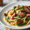 Spaghetti met spinazie, champignons, spekjes en kruidenkaas