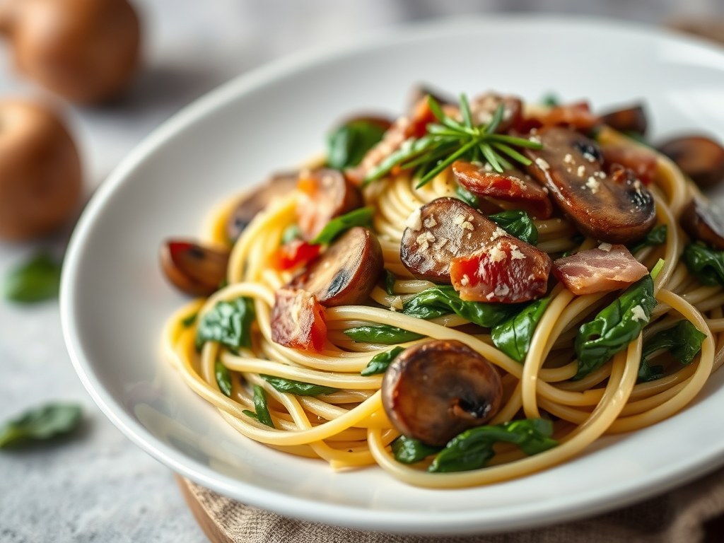Spaghetti met spinazie, champignons, spekjes en kruidenkaas, AI-gegenereerde illustratie