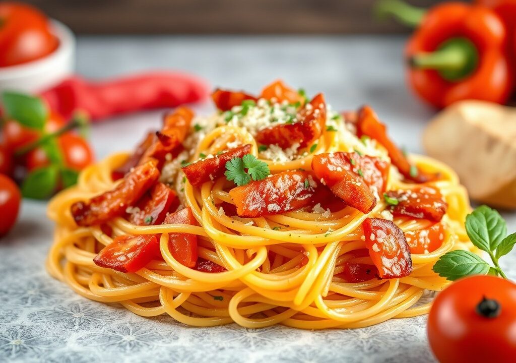 Spaghetti met tomaten-paprikasaus, AI-gegenereerde illustratie
