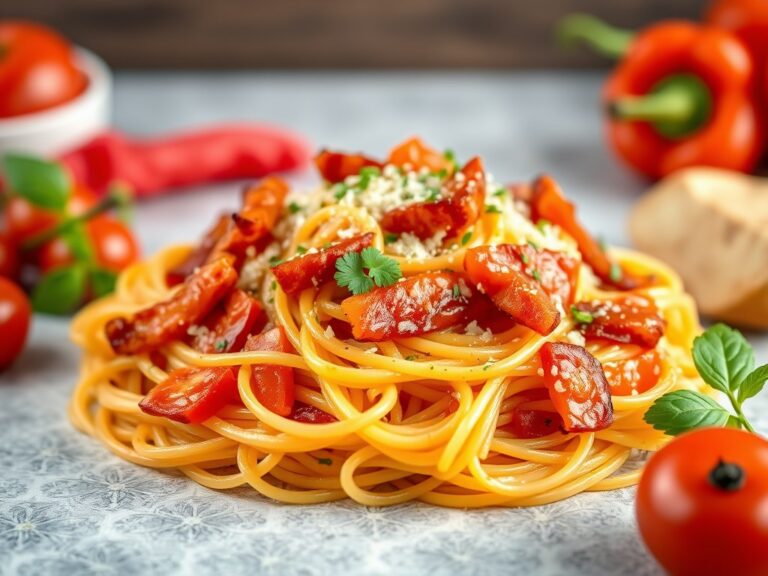 Spaghetti met tomaten-paprikasaus — AI-gegenereerde illustratie
