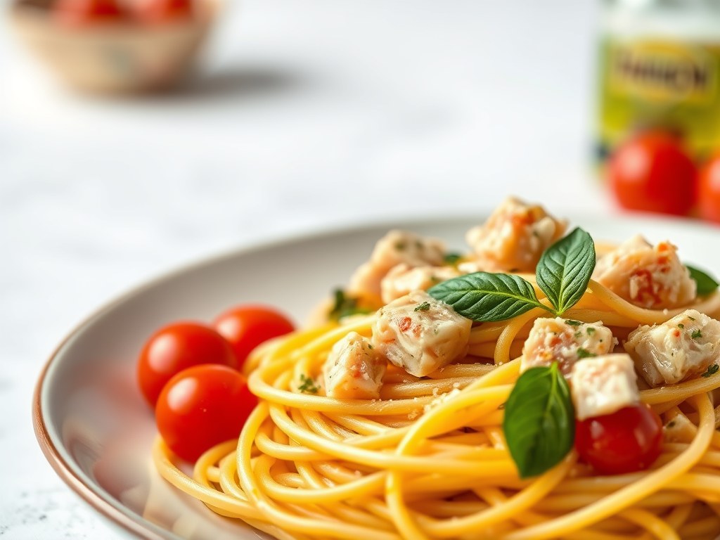 Spaghetti, met tonijn en cherrytomaatjes, AI-gegenereerde illustratie