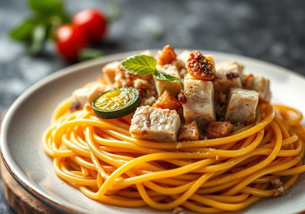 Spaghetti met tonijn en gebakken courgettes, AI-gegenereerde illustratie