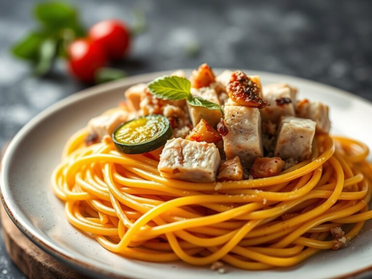 Spaghetti met tonijn en gebakken courgettes — AI-gegenereerde illustratie