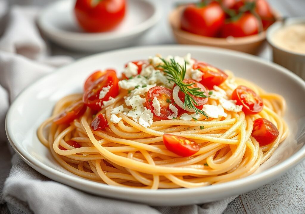 Spaghetti met uien, tomaat en kaas, AI-gegenereerde illustratie