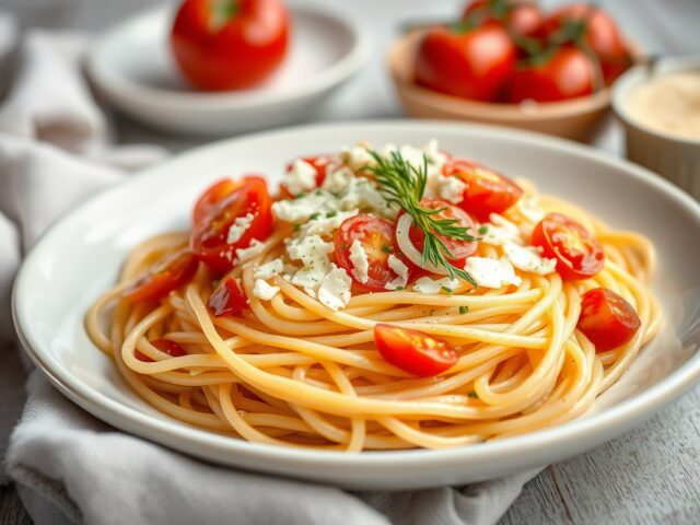 Spaghetti met uien, tomaat en kaas — AI-gegenereerde illustratie