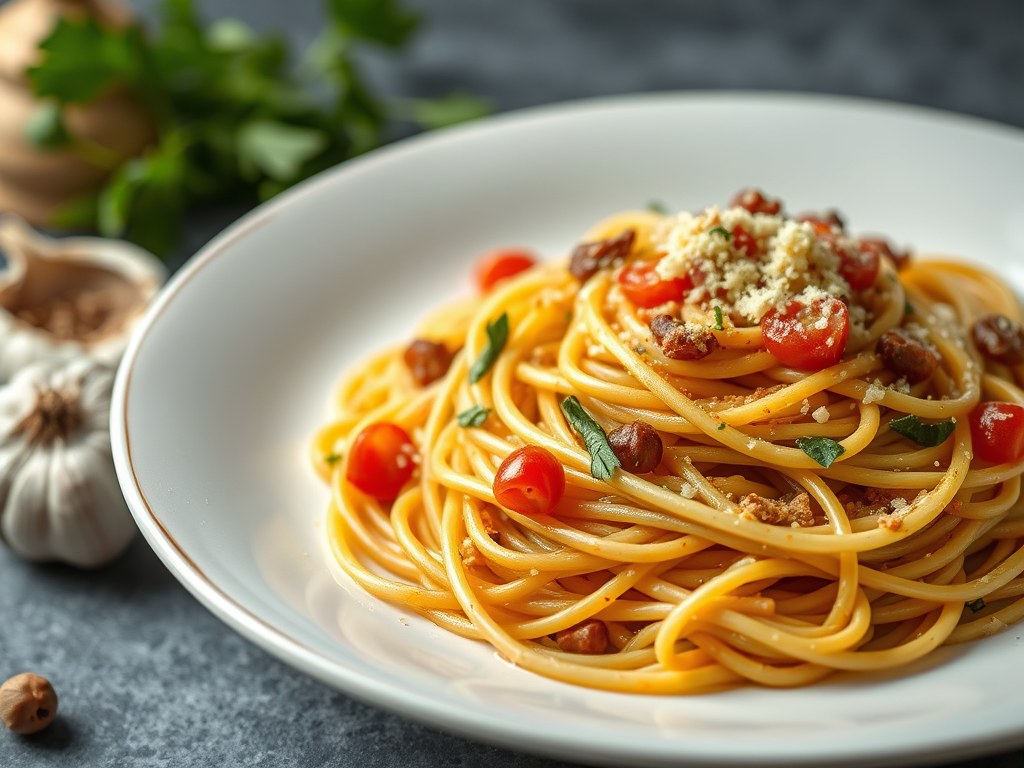 Spaghetti met waterkerspesto, AI-gegenereerde illustratie