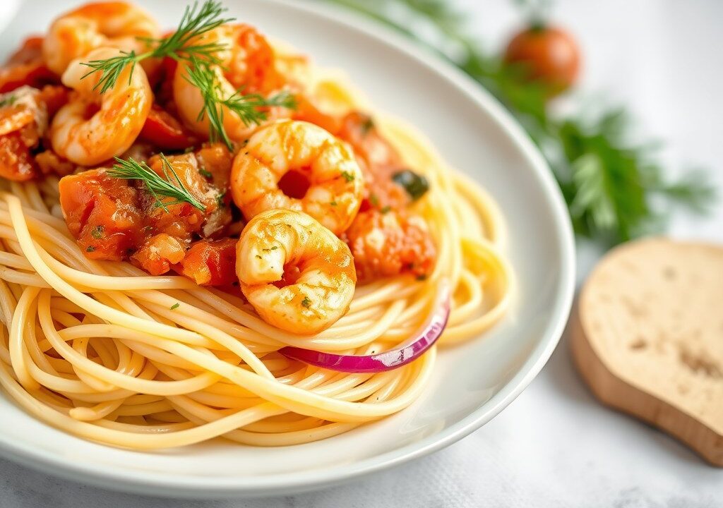 Spaghetti met zalm, garnalen, venkel en tomatensaus — AI-gegenereerde illustratie
