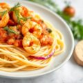 Spaghetti met zalm, garnalen, venkel en tomatensaus