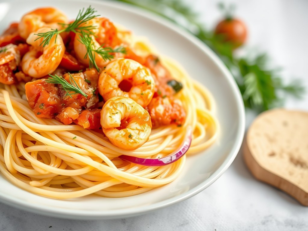 Spaghetti met zalm, garnalen, venkel en tomatensaus, AI-gegenereerde illustratie