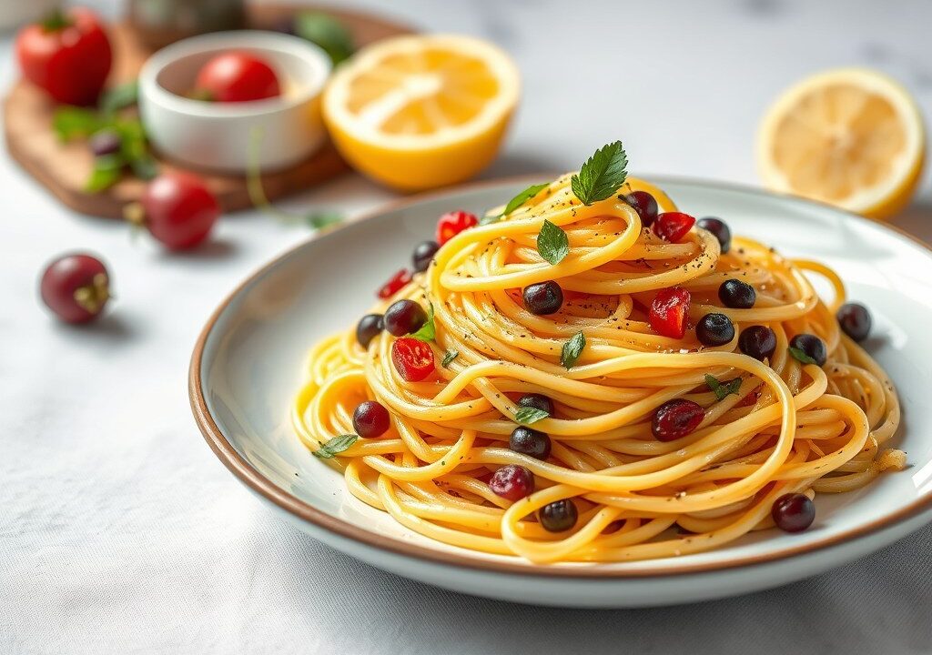 Spaghetti met zeevruchten, AI-gegenereerde illustratie