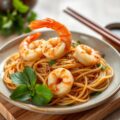 Spaghetti van Bruine Rijst met Garnalen en Sesam (Glutenvrij)
