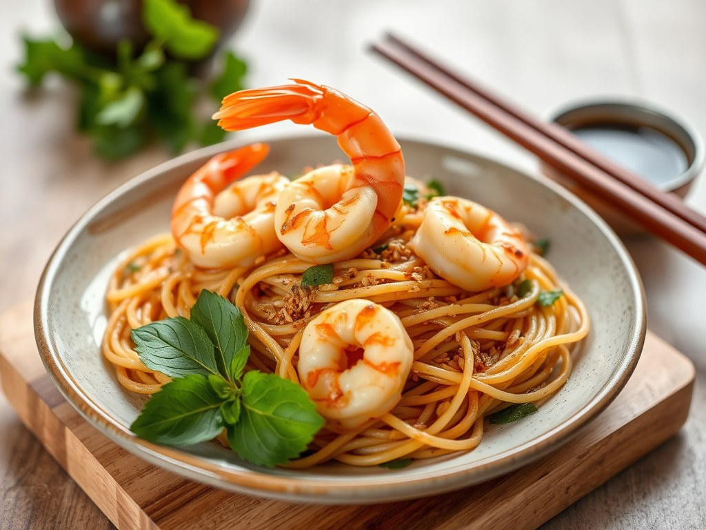 Spaghetti van Bruine Rijst met Garnalen en Sesam (Glutenvrij), AI-gegenereerde illustratie