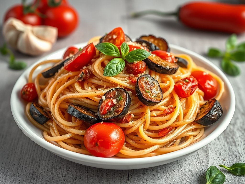 Spaghettini met aubergine, zongedroogde tomaten en chilipepers, AI-gegenereerde illustratie