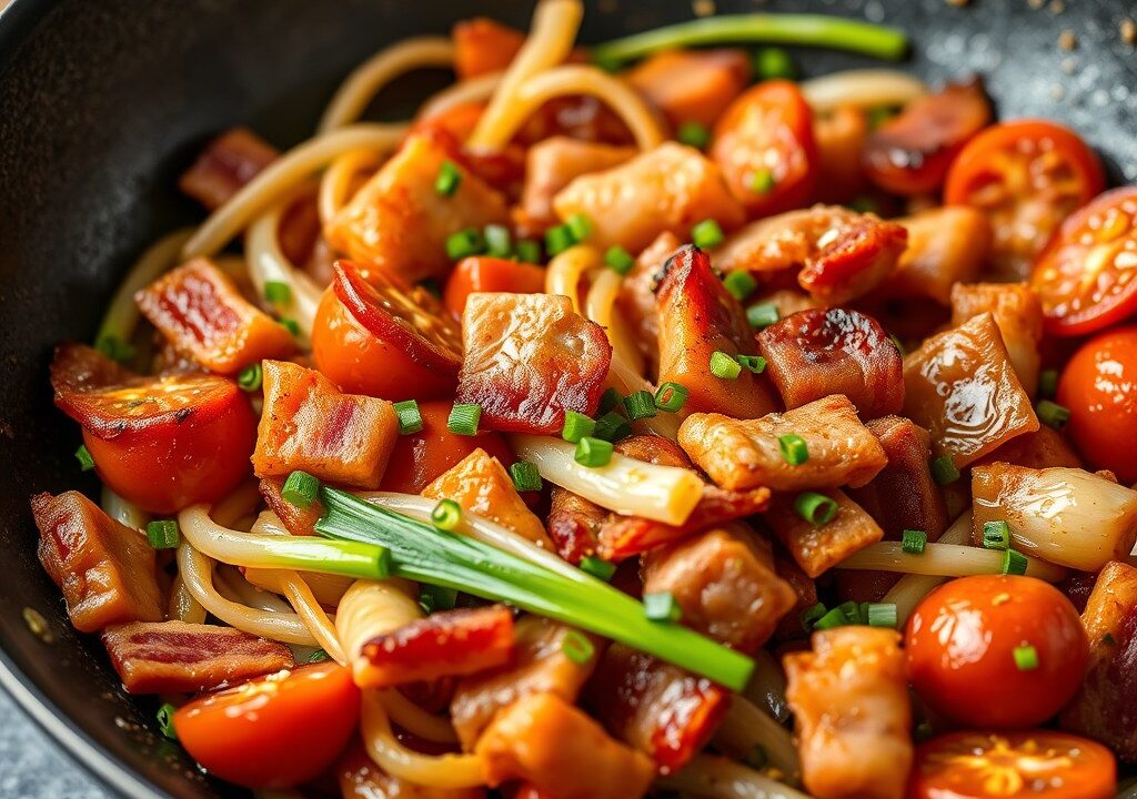 Spek met prei en tomaten — AI-gegenereerde illustratie