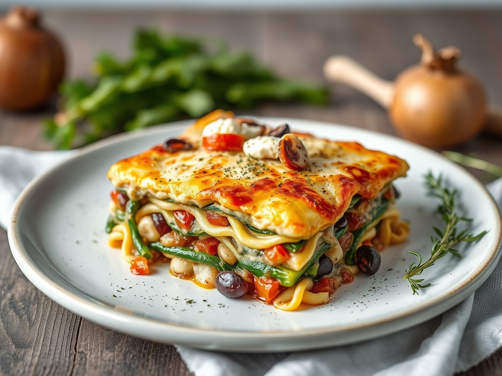Speltlasagne met groenten en geitenkaas, AI-gegenereerde illustratie