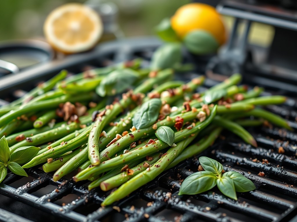 Sperziebonen in bundeltjes op de BBQ- grill, AI-gegenereerde illustratie