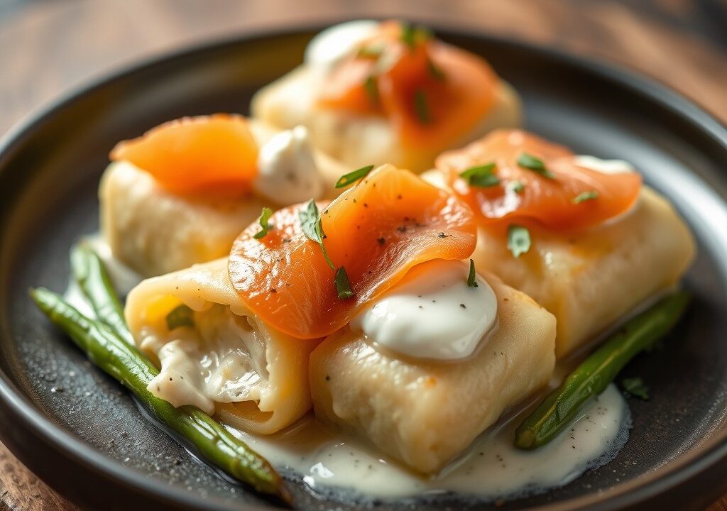 Sperziebonenrolletjes met cottage cheese, gerookte zalm en knolselderijpuree, AI-gegenereerde illustratie