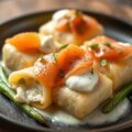 Sperziebonenrolletjes met cottage cheese, gerookte zalm en knolselderijpuree