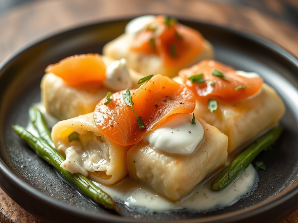 Sperziebonenrolletjes met cottage cheese, gerookte zalm en knolselderijpuree, AI-gegenereerde illustratie