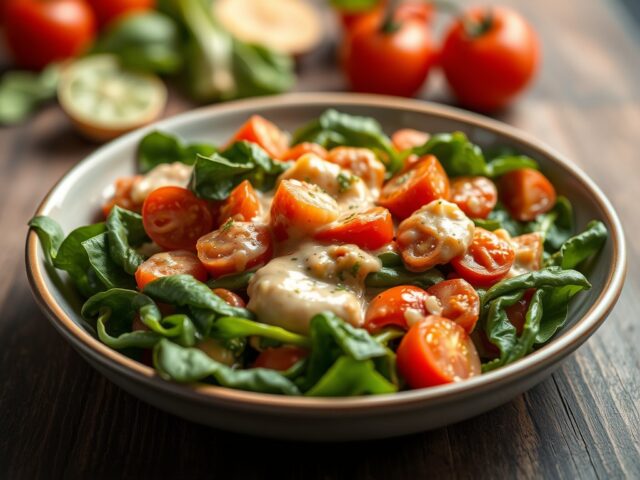 Spinazie met tomaten-kaassaus — AI-gegenereerde illustratie