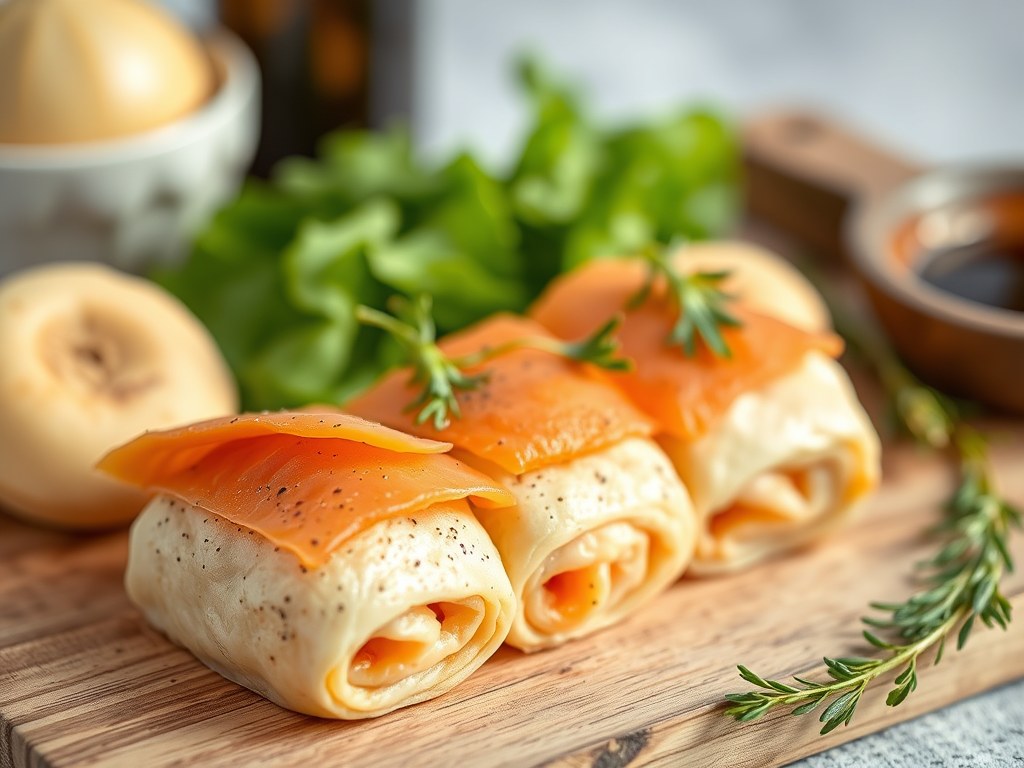 Spinazierolletjes met gerookte zalm, AI-gegenereerde illustratie