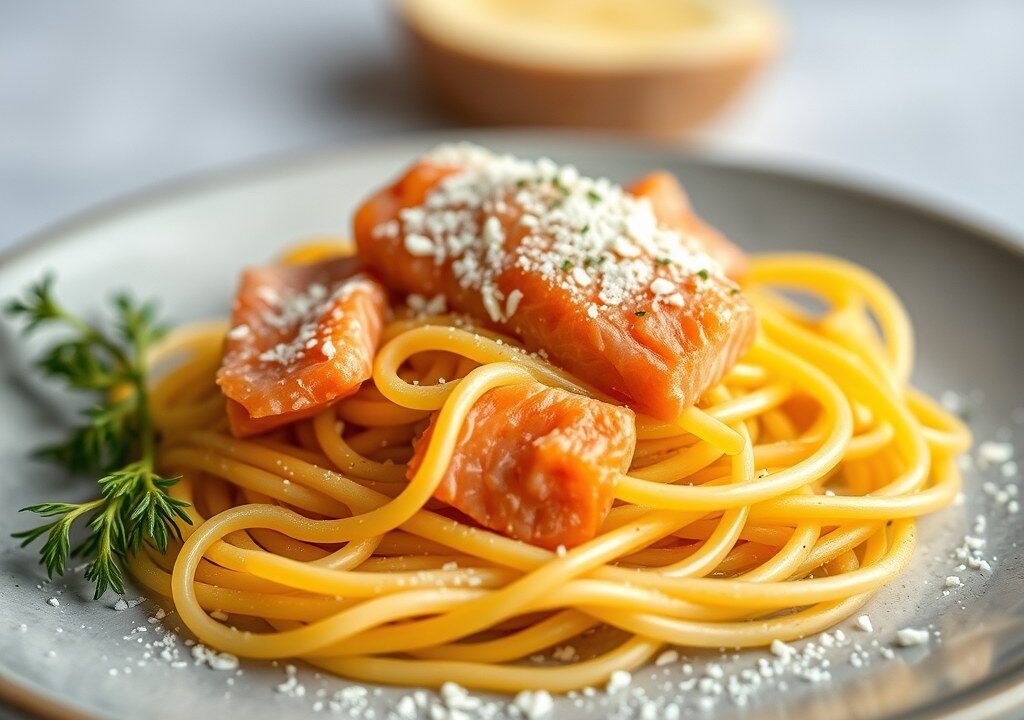 Spirelli met zalm — AI-gegenereerde illustratie