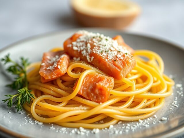 Spirelli met zalm — AI-gegenereerde illustratie