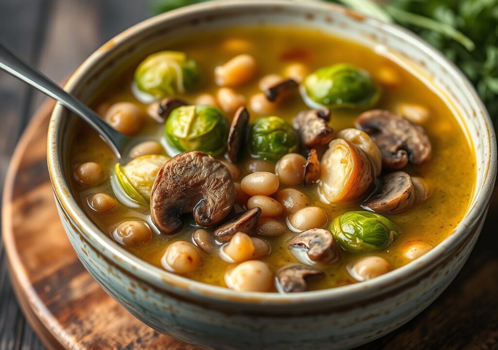 Spruitjessoep met champignons en bonen — AI-gegenereerde illustratie
