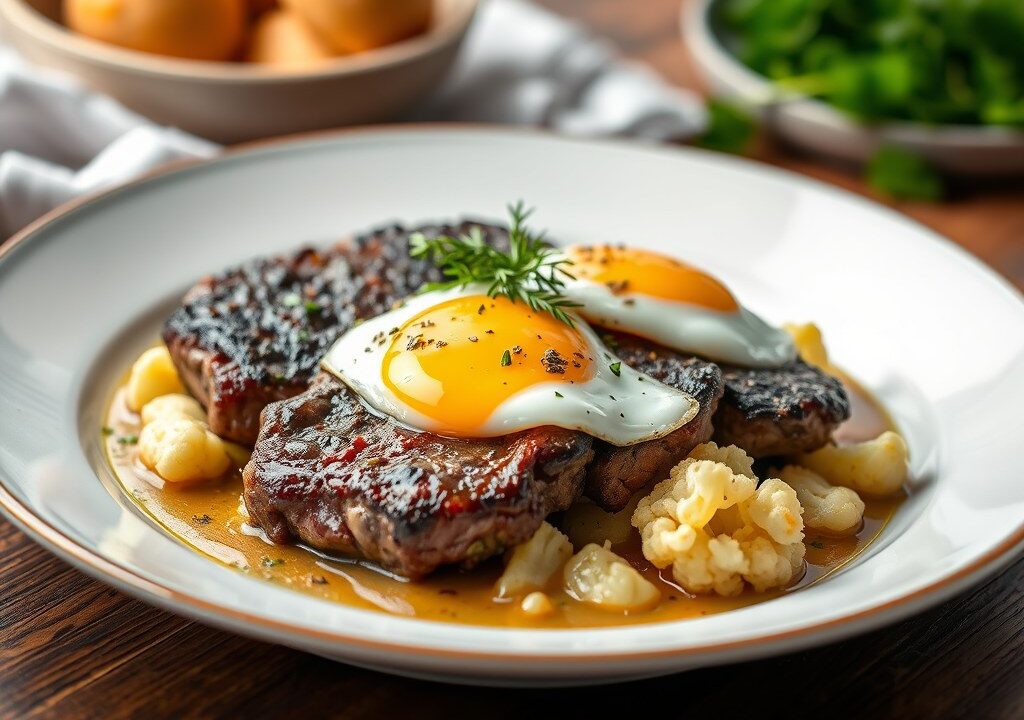 Steak met bloemkool à la Flamande — AI-gegenereerde illustratie