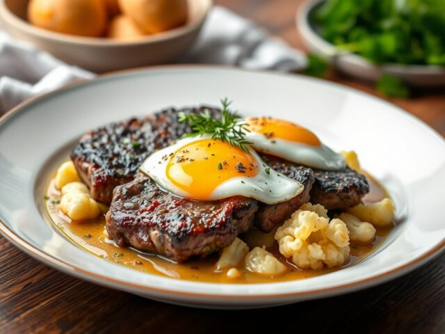 Steak met bloemkool à la Flamande — AI-gegenereerde illustratie
