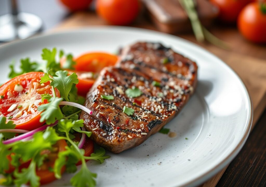 Steak met frisse salade, AI-gegenereerde illustratie