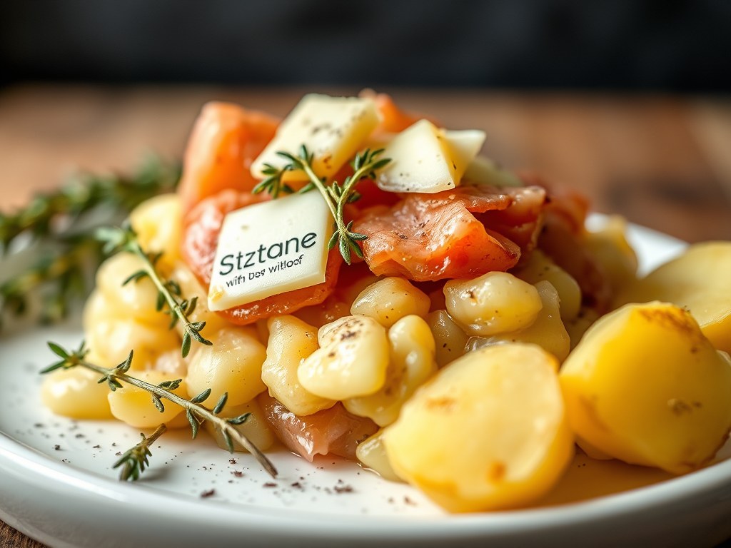 Stoemp met witloof, ham en kaas, AI-gegenereerde illustratie
