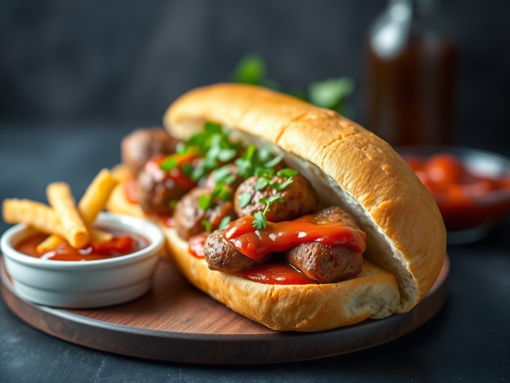 Stokbroodje merguez met geroosterde friet en pikante ketchup, AI-gegenereerde illustratie