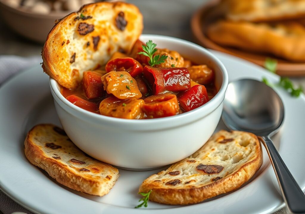 Stoofpot met karbonade en chorizo geserveerd met focaccia — AI-gegenereerde illustratie