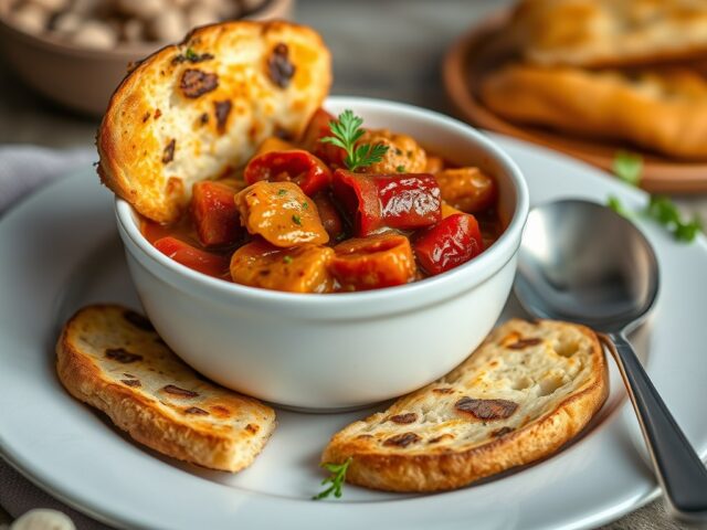 Stoofpot met karbonade en chorizo geserveerd met focaccia — AI-gegenereerde illustratie