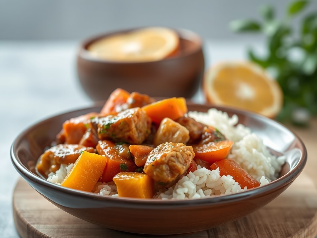 Stoofpot met Rijst en Vlees en Sinaasappel uit de Slow Cooker, AI-gegenereerde illustratie