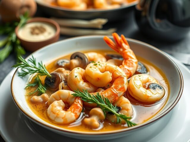 Stoofpot van zalm, garnalen en paddestoelen — AI-gegenereerde illustratie