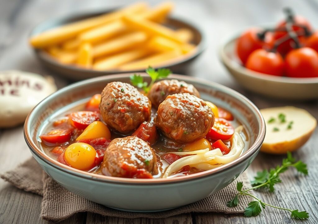 Stoofpotje van gehaktballetjes in een sherry-tomatensaus — AI-gegenereerde illustratie
