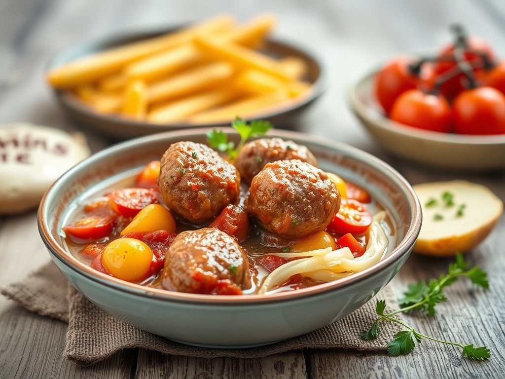 Stoofpotje van gehaktballetjes in een sherry-tomatensaus, AI-gegenereerde illustratie