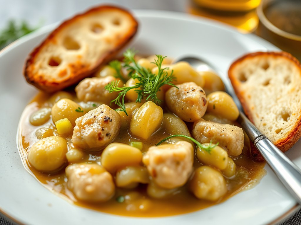 Stoofpotje van kreeft met witlof en pastis, AI-gegenereerde illustratie