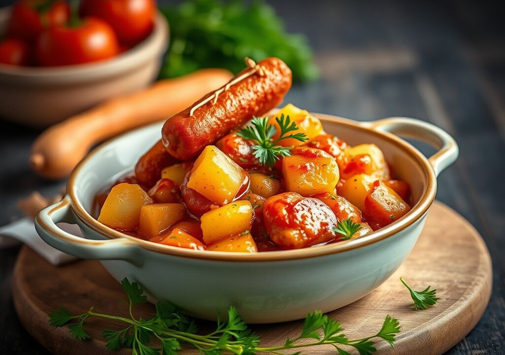 Stoofpotje van linzen met chipolata’s en Espelettepeper — AI-gegenereerde illustratie